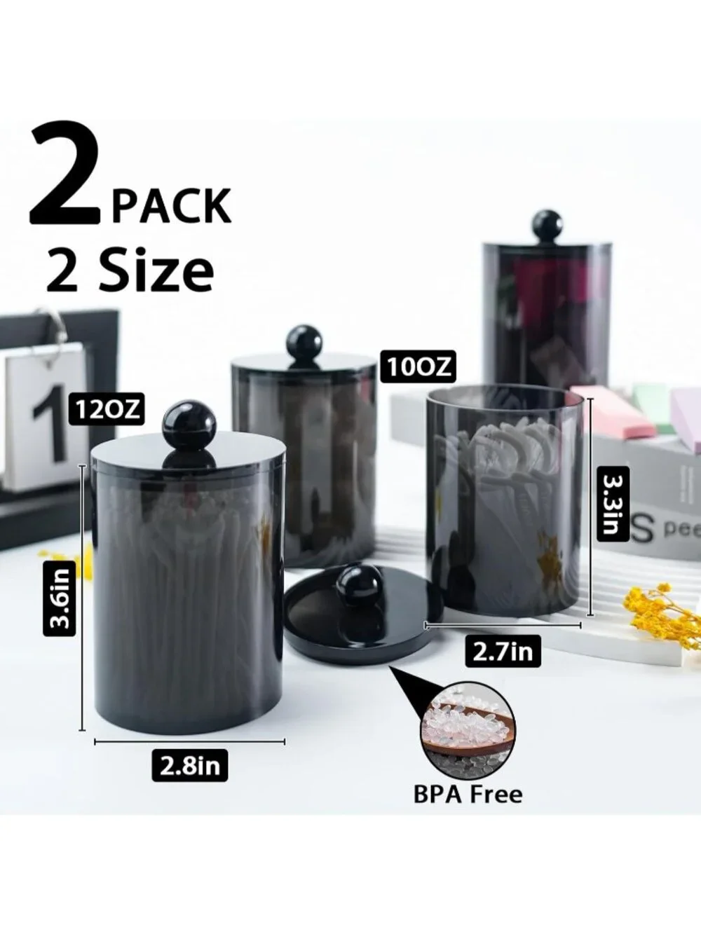 New 2 Pack Qtip Holder Canister Set 10oz & 12oz Bathroom Storage Jars with Lids